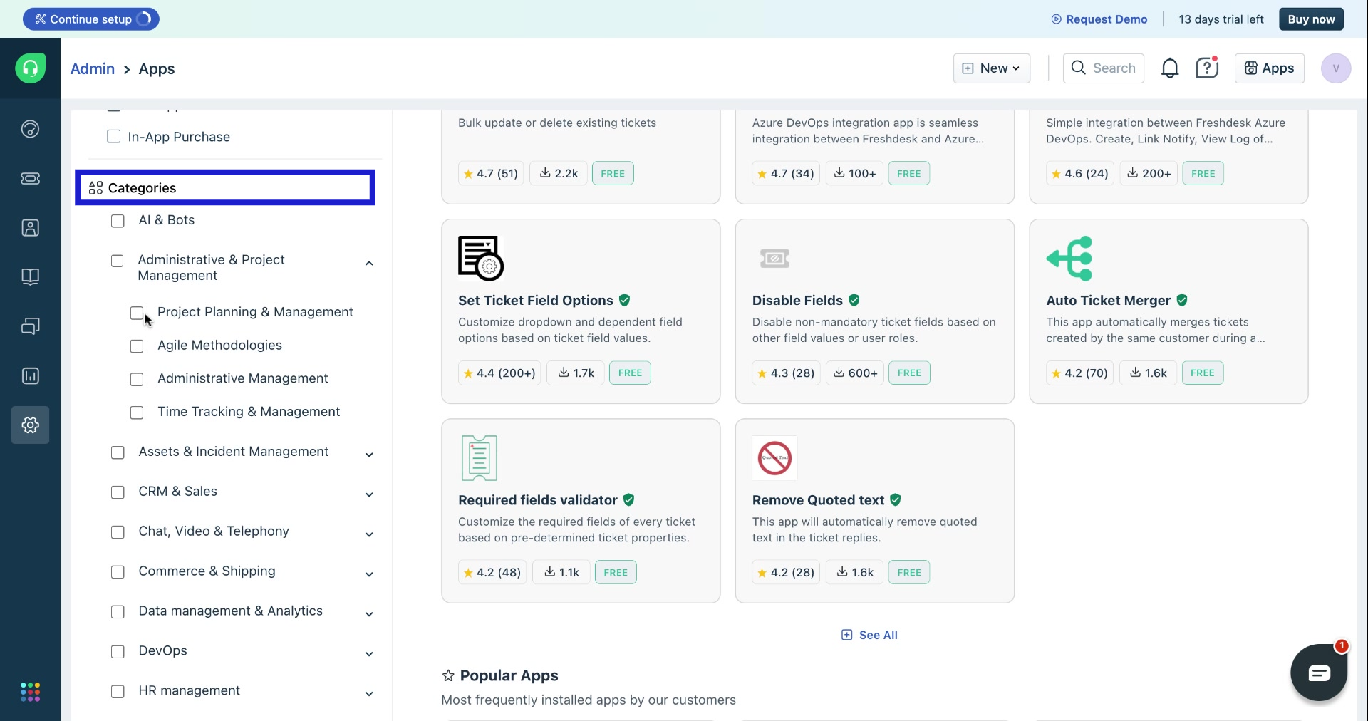 Freshdesk marketplace - Filter categories