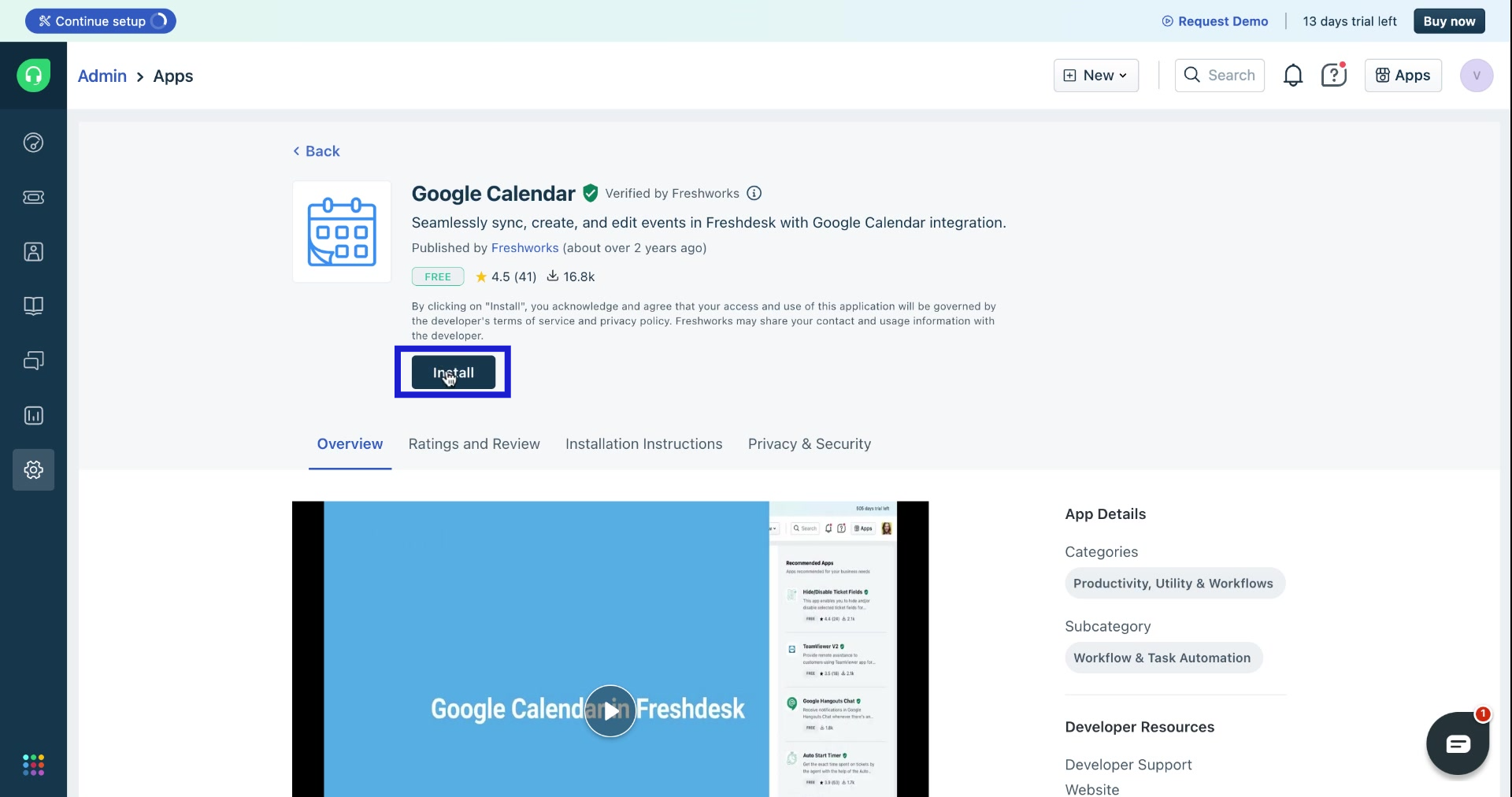 Freshdesk marketplace - Install Google Calendar button