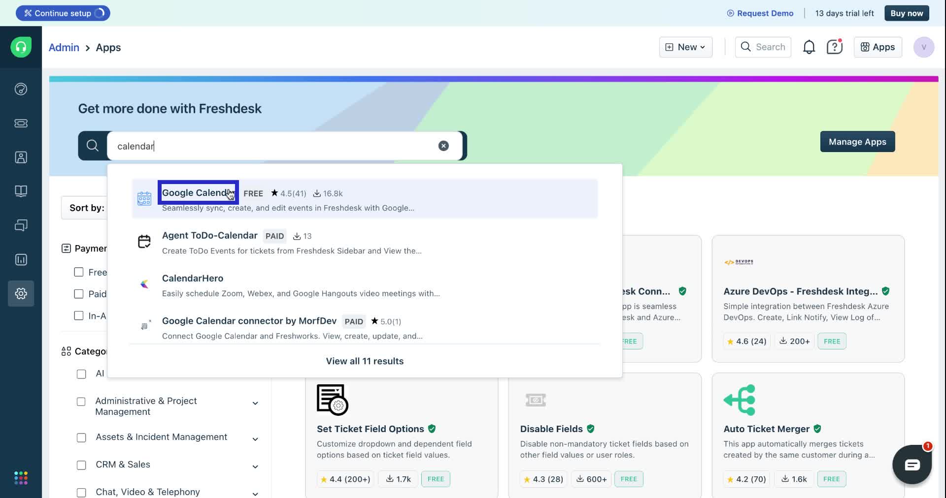 Freshdesk marketplace - Install Google Calendar