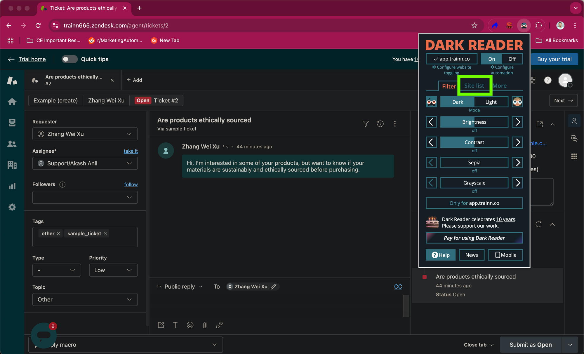 Method 2 of activating zendesk dark mode - step 4