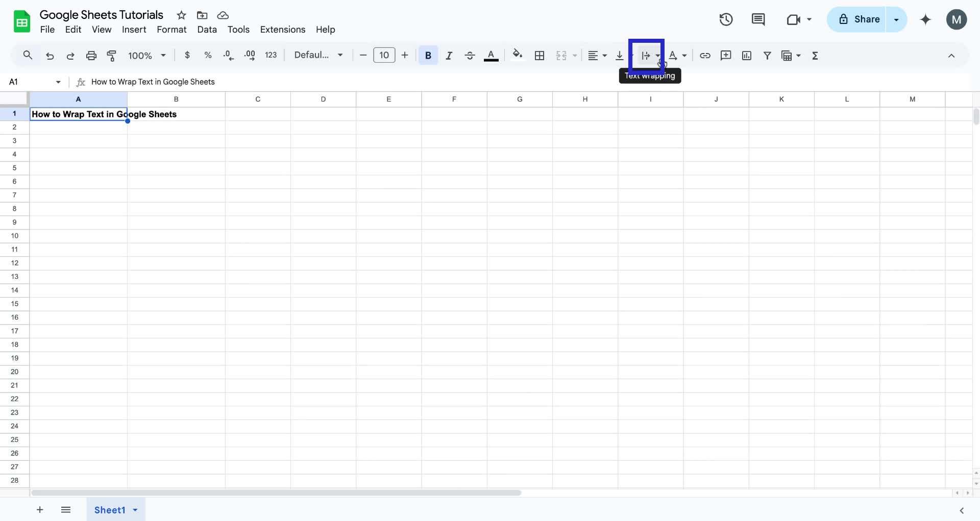 Screenshot of how to wrap text in Google Sheets step 2