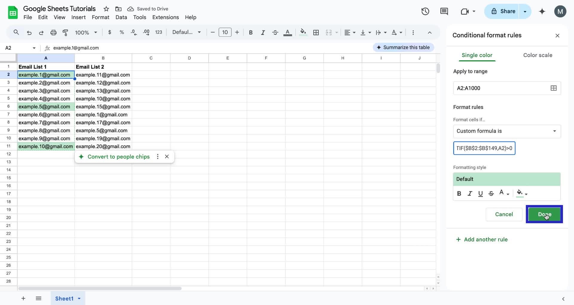 Screenshot of how to highlight duplicates in Google Sheet step 9