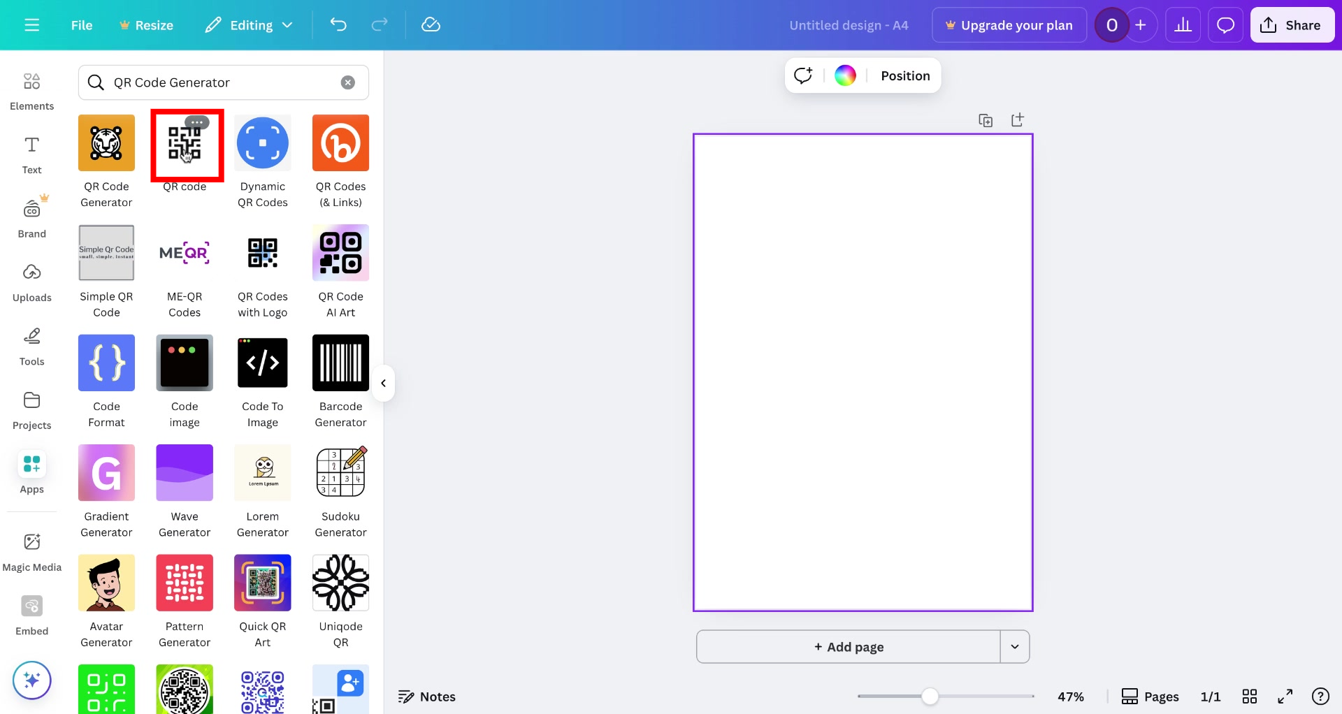 Screenshot of how to create a qr code in Canva Step 5