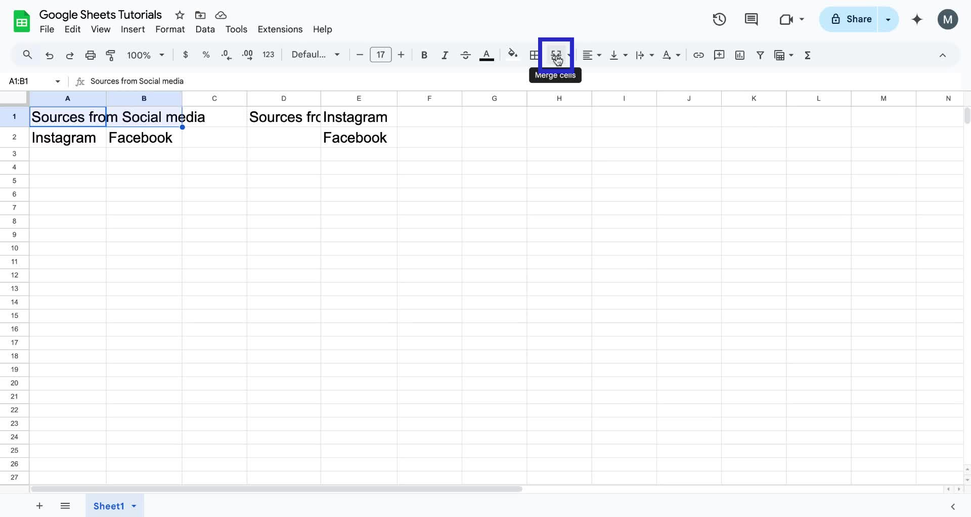 Screenshot of how to merge cells in Google Sheets step 2
