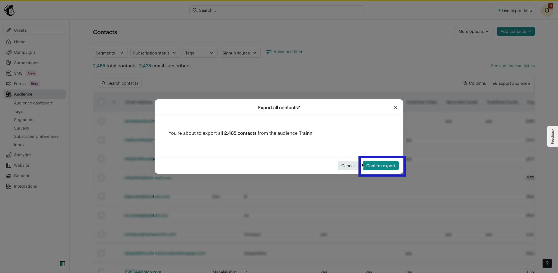 Screenshot of how to export contacts from Mailchimp step 2