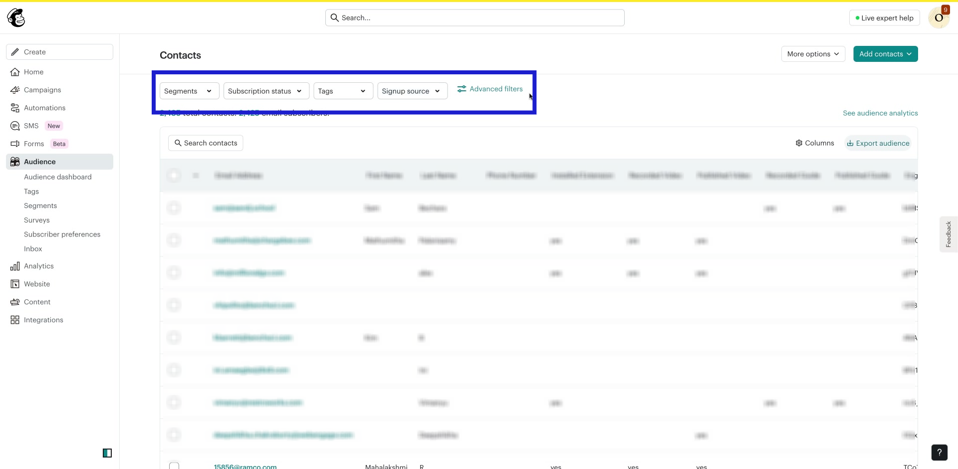 Screenshot of how to export contacts from Mailchimp step 3