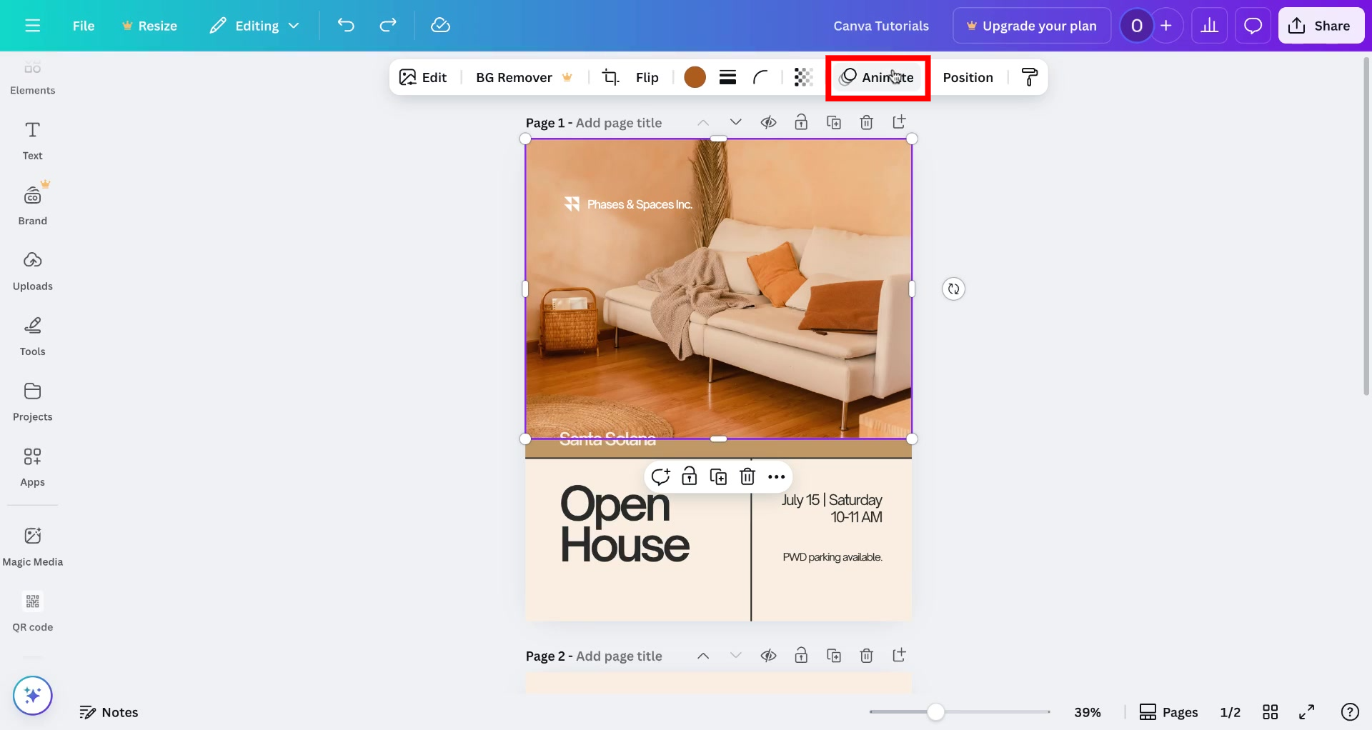 Screenshot of how to animate in Canva Step 2