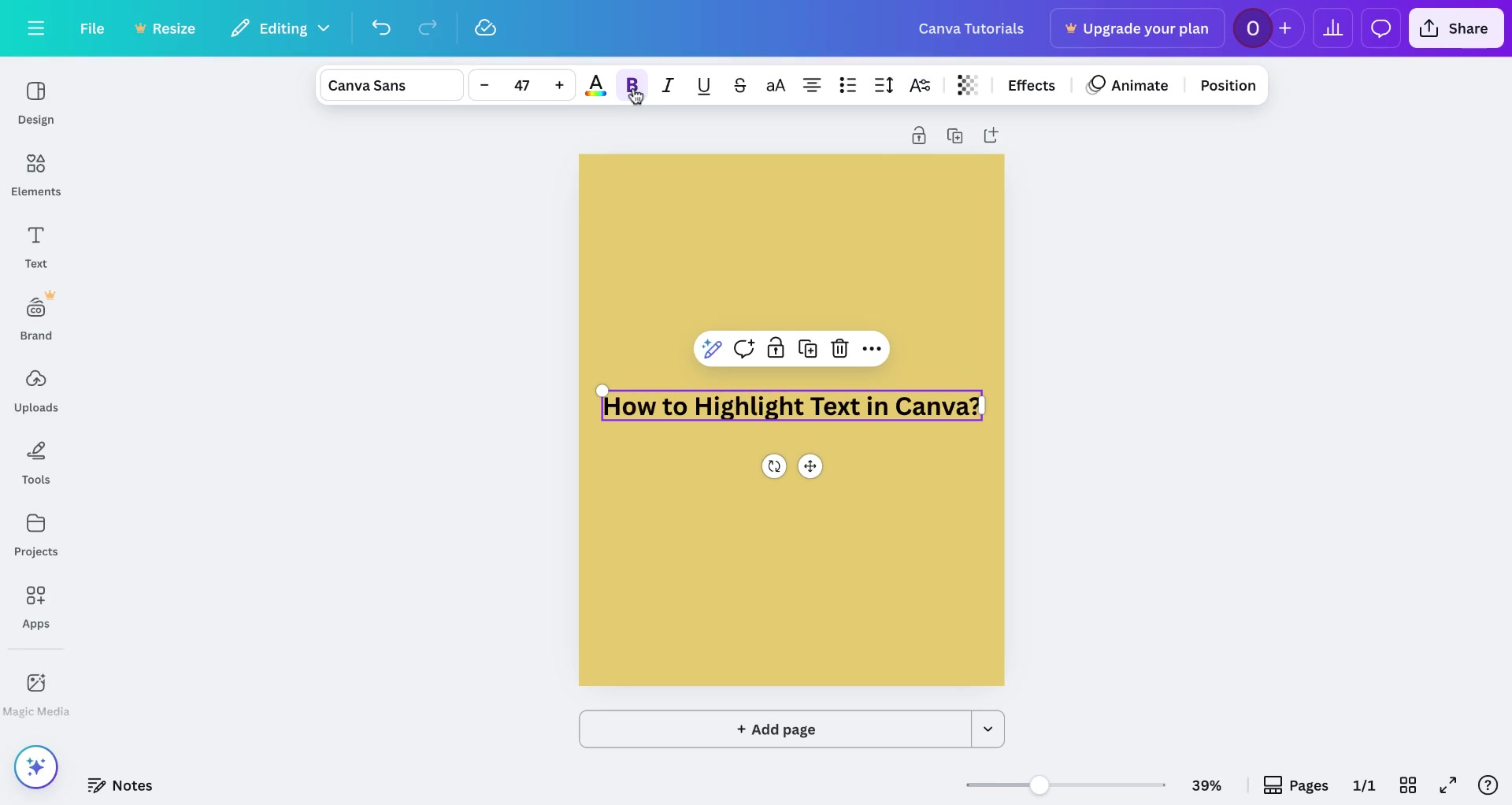 Screenshot of how to highlight text in Canva Step 2