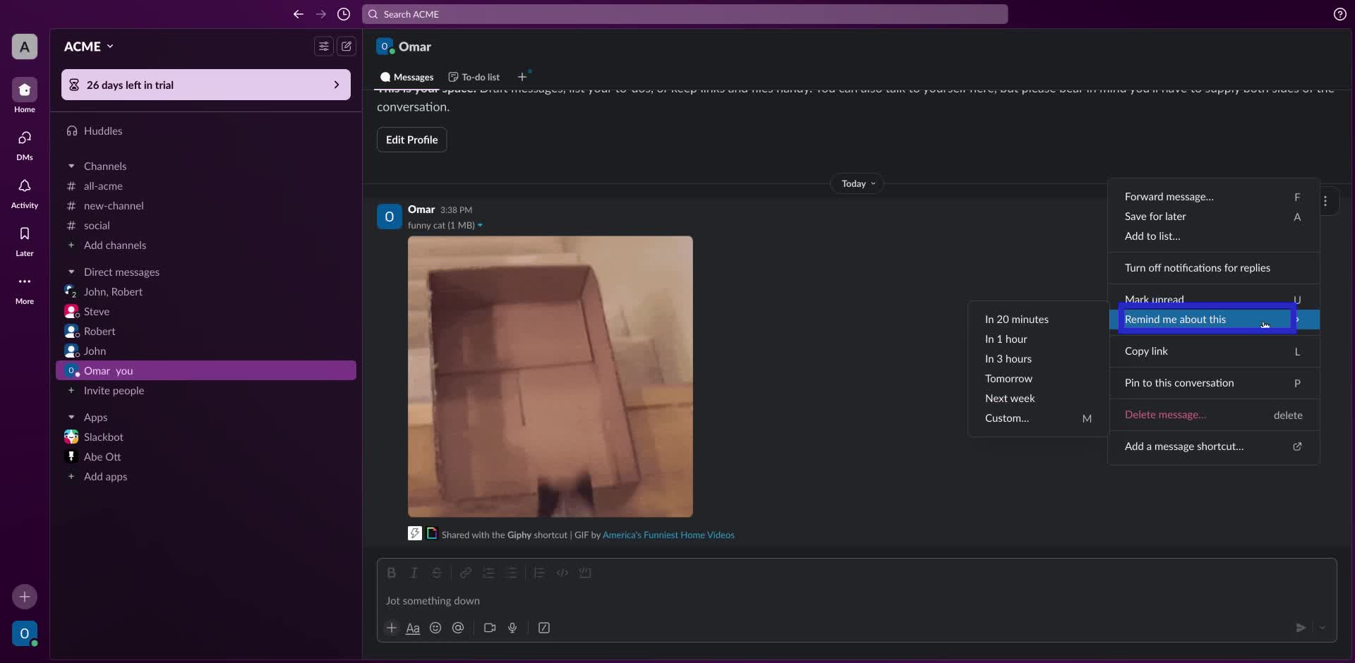 Screenshot of how to use Slack reminders step 2