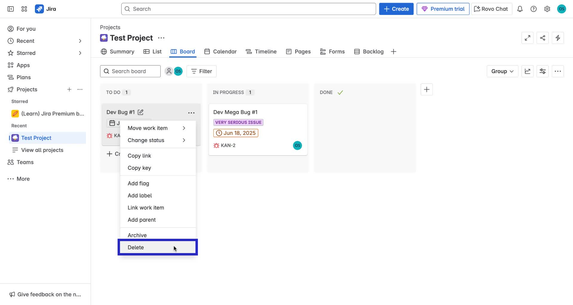 Screenshot of how to delete Jira ticket step 2