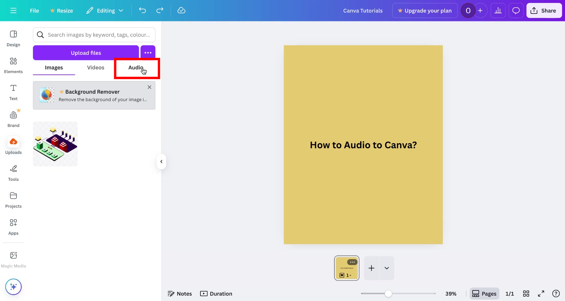 screenshot of how to add audio to Canva step 2