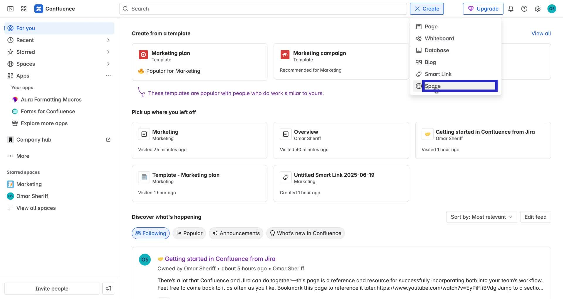 Screenshot of how to create a space in Confluence step 2