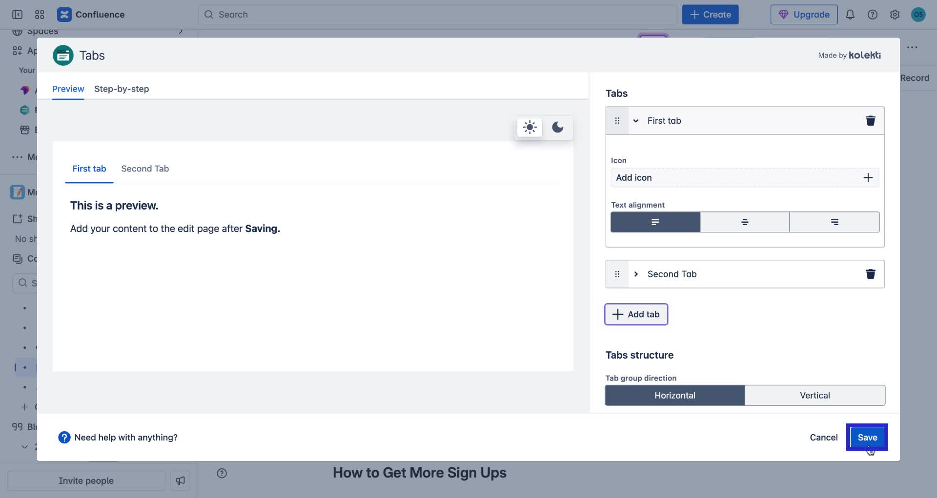 Screenshot of how to create tabs in Confluence step 12