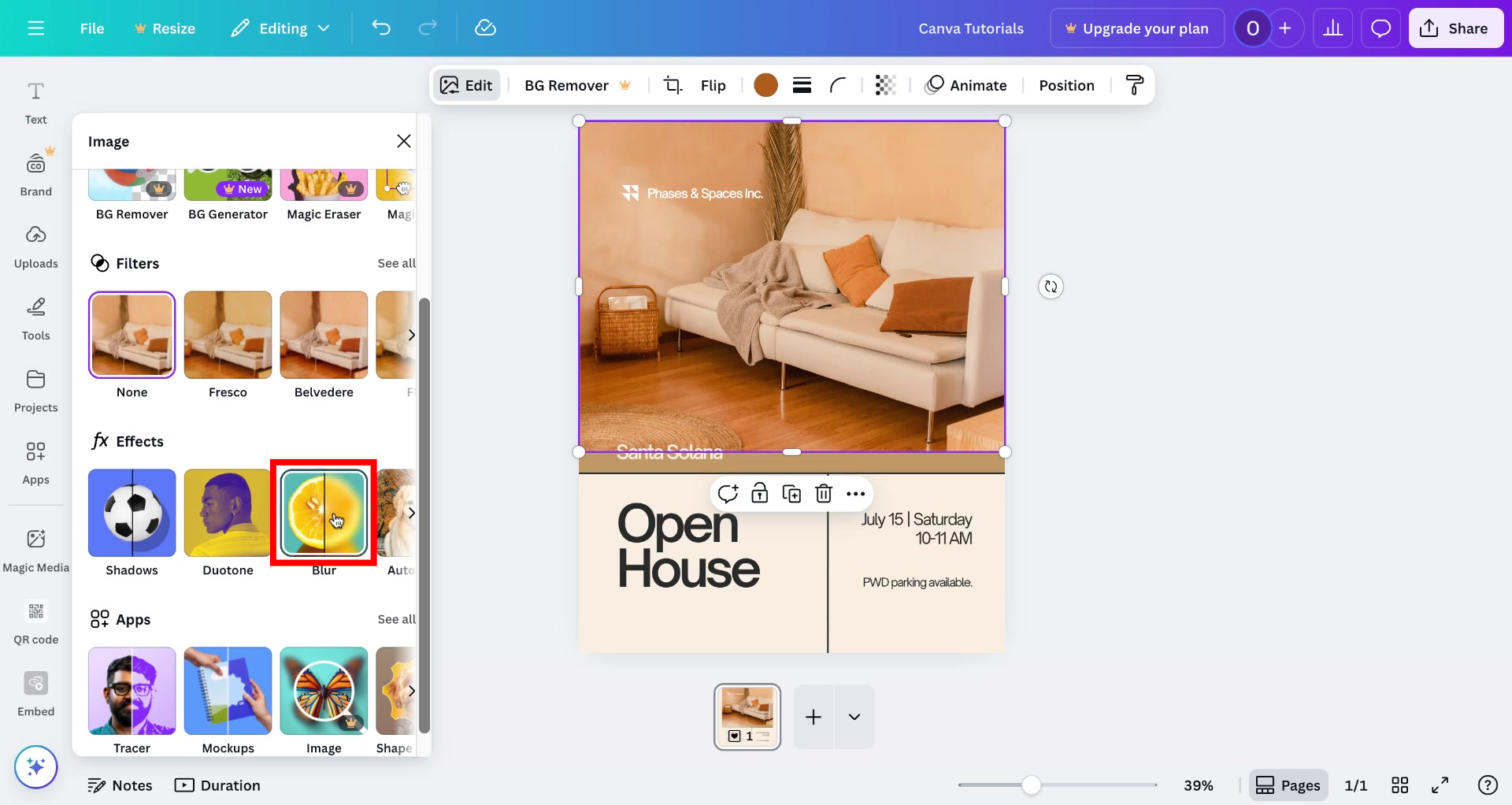 Screenshot of how to blur on Canva Step 3