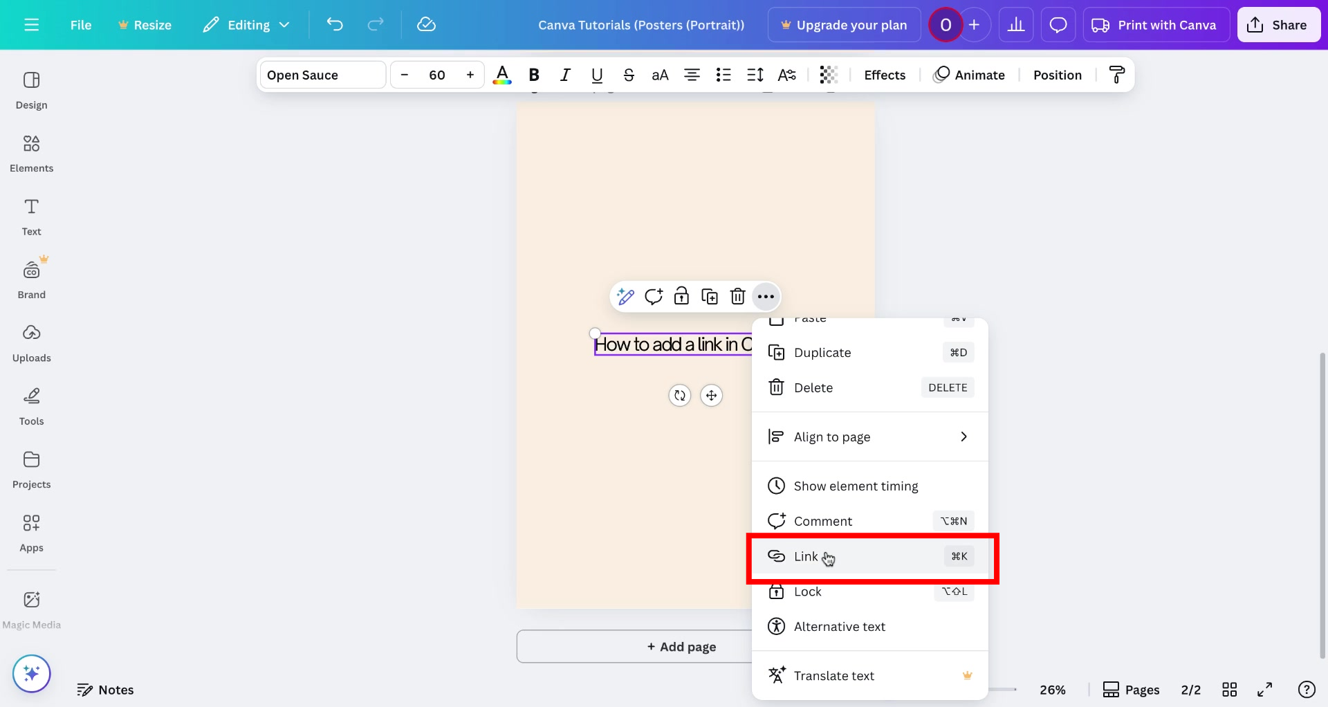 Screenshot of how to add a link in Canva Step 3