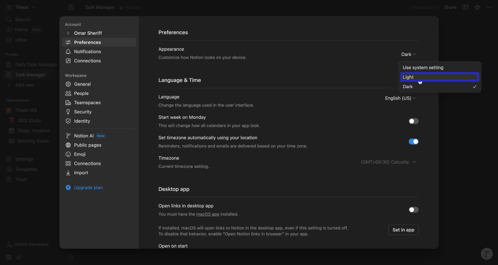 Screenshot of how to make notion light mode step 3