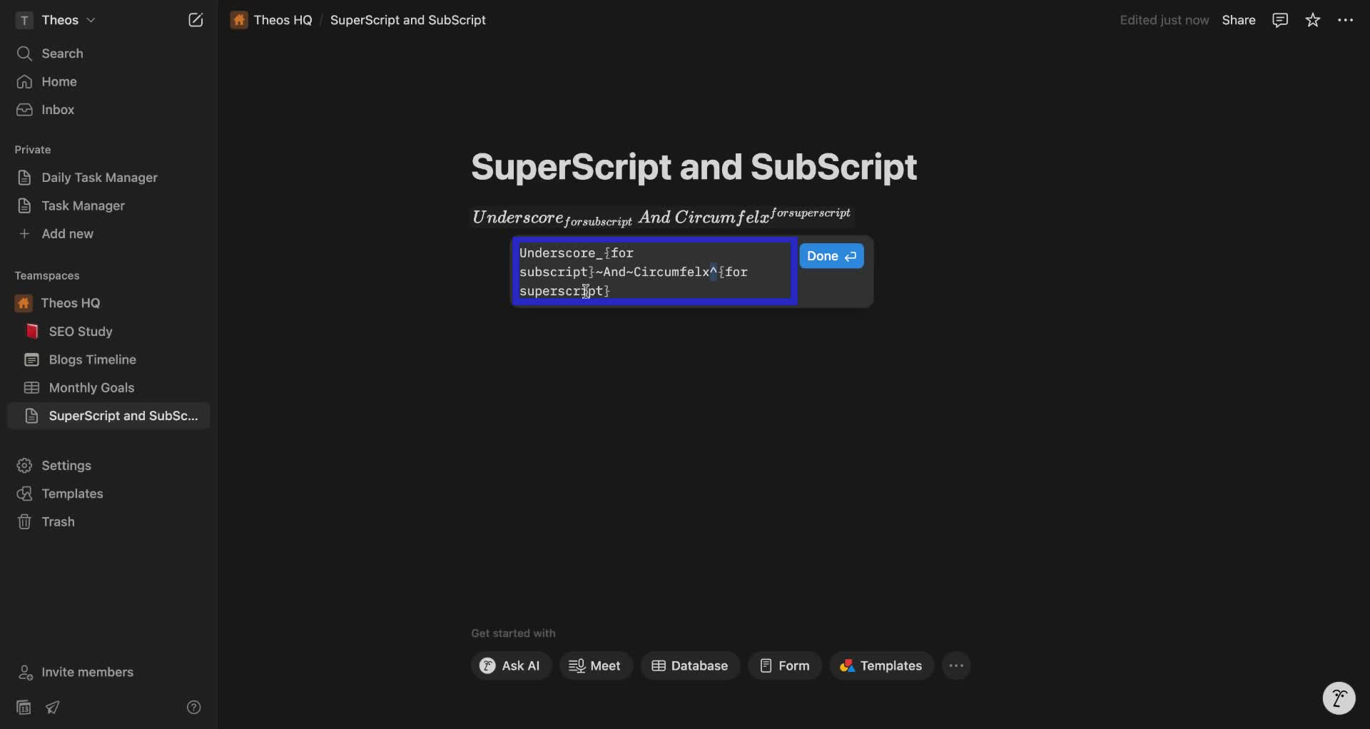 Screenshot of how to subscript and superscript in Notion step 3