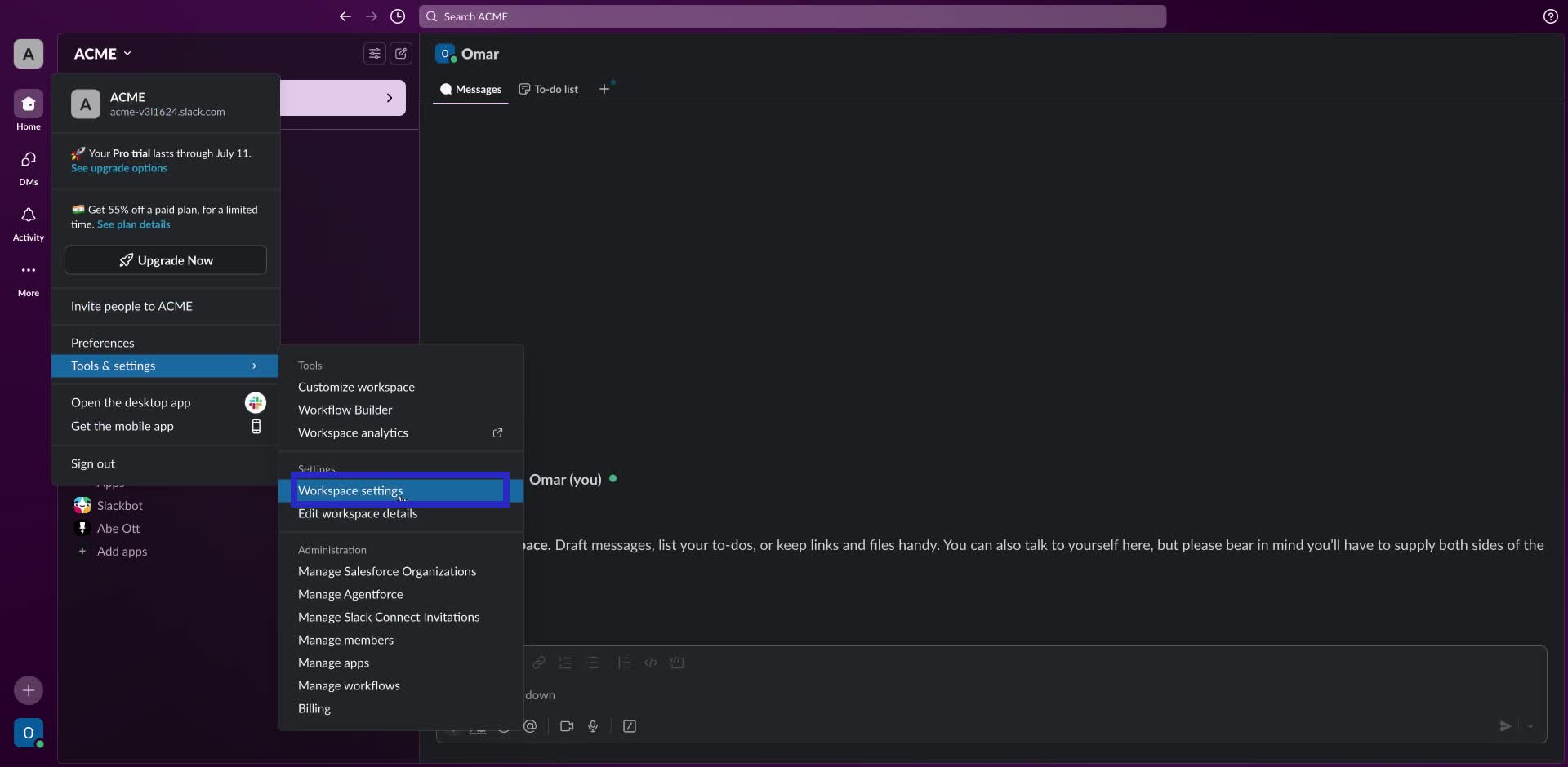 Screenshot of how to delete a slack workspace step 3