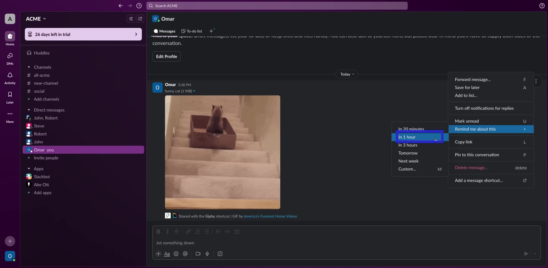Screenshot of how to use Slack reminders step 3