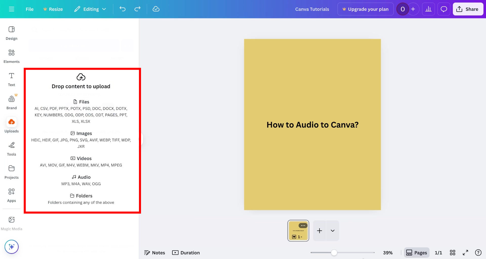 screenshot of how to add audio to Canva step 3