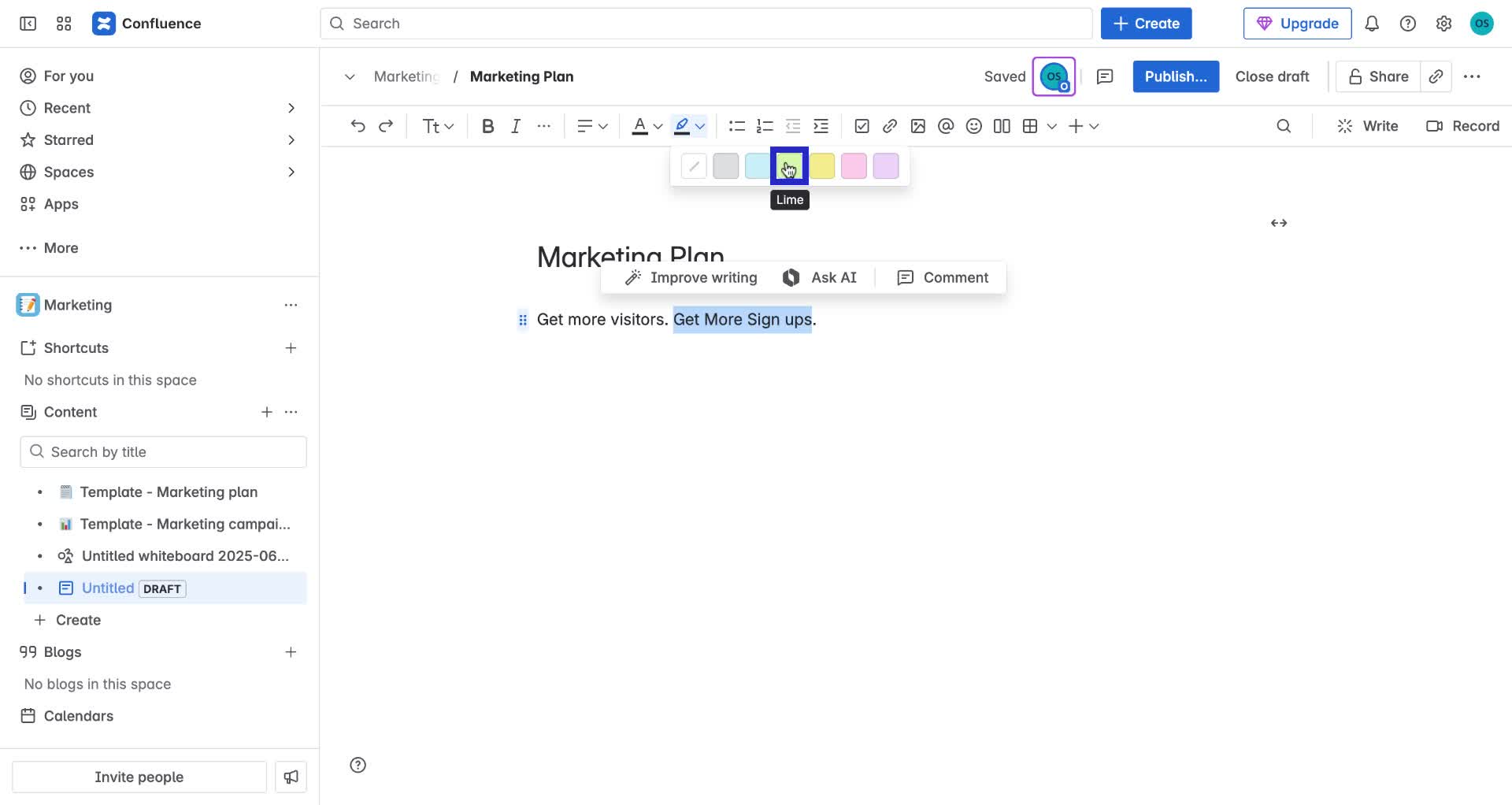 Screenshot of how to highlight text in Confluence step 3