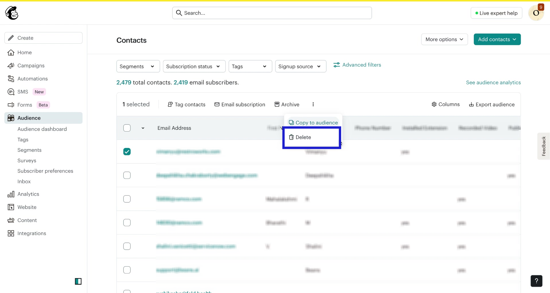 Screenshot of how to delete contacts in Mailchimp step 3