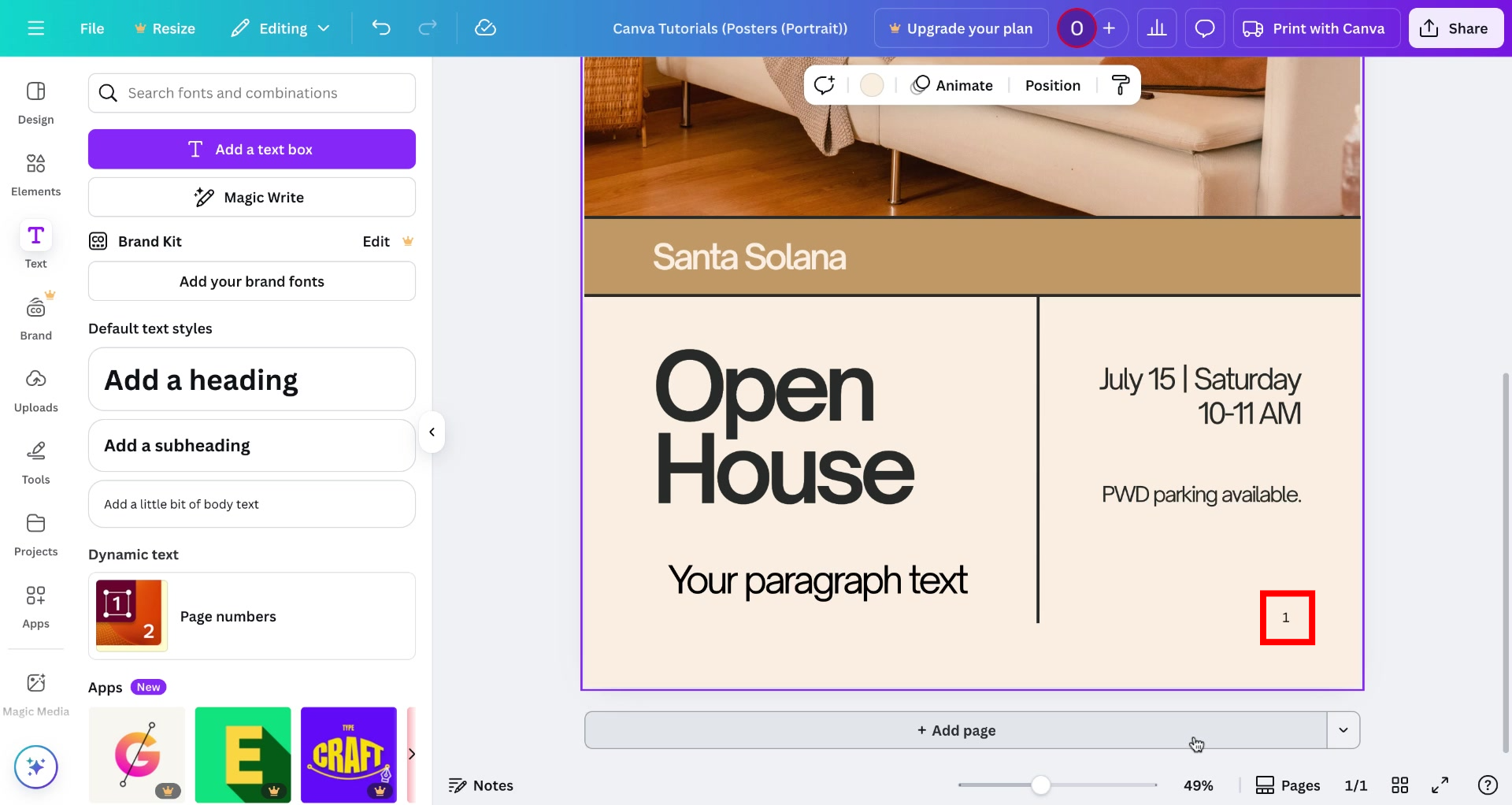 Screenshot of how to add page numbers in Canva Step 4