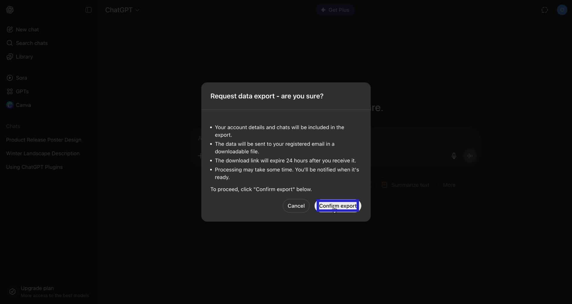 Screenshot of how to export ChatGPT conversations step 4