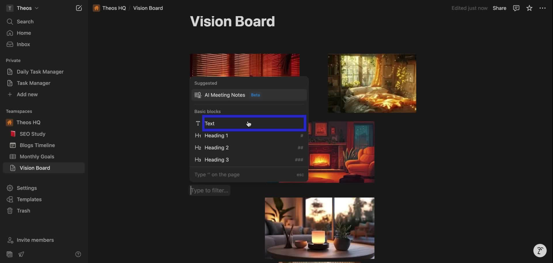 Screenshot of how to create a notion vision board step 4