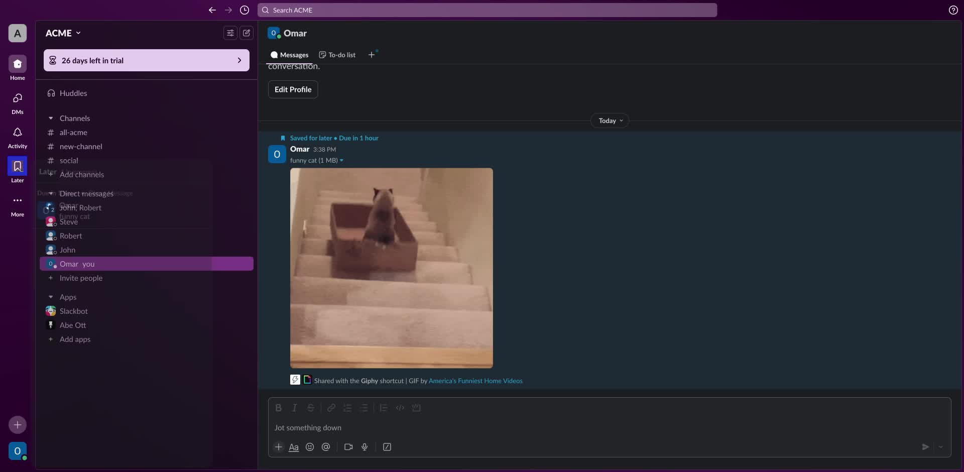 Screenshot of how to use Slack reminders step 4