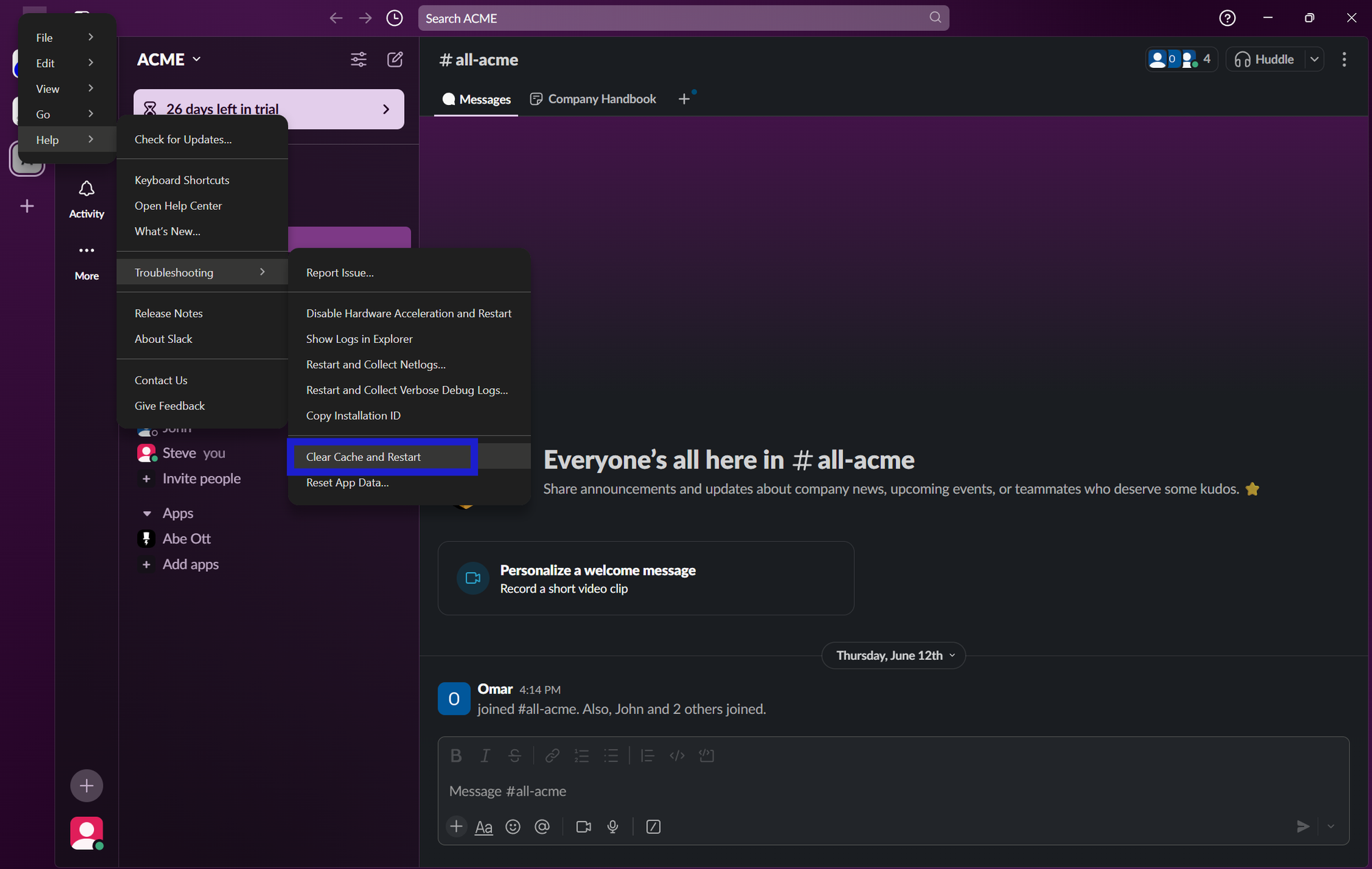 Screenshot of how to clear Slack cache step 4