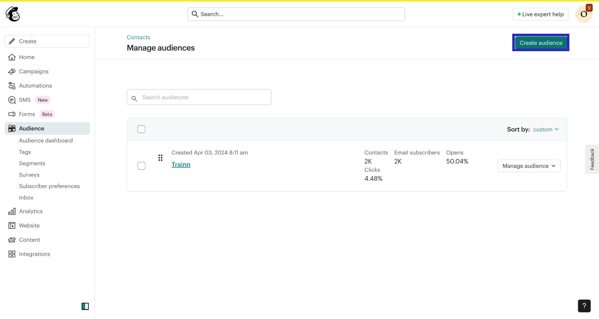 Screenshot of how to create new audience in Mailchimp step 4