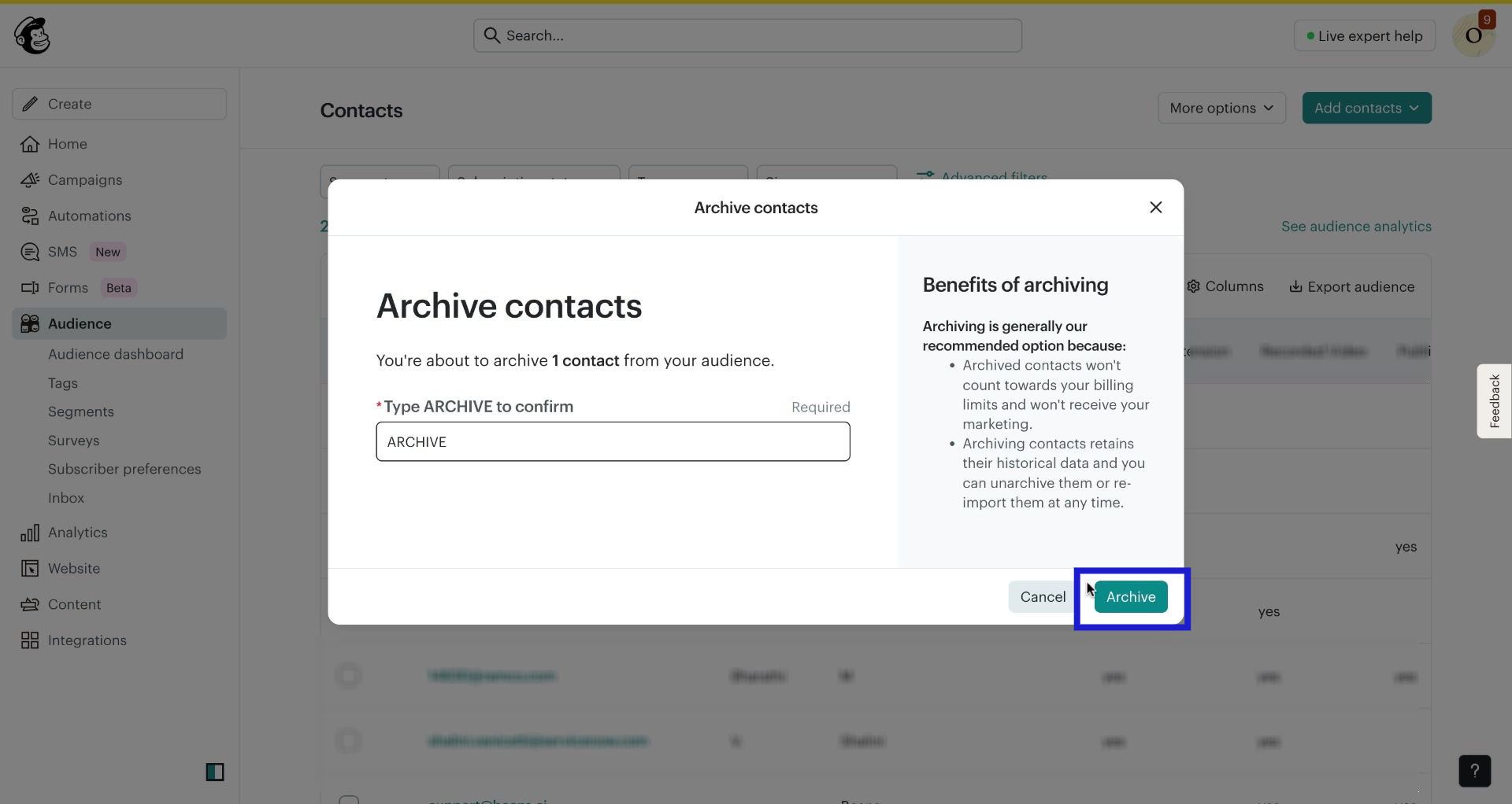 Screenshot of how to archive contacts in Mailchimp step 4