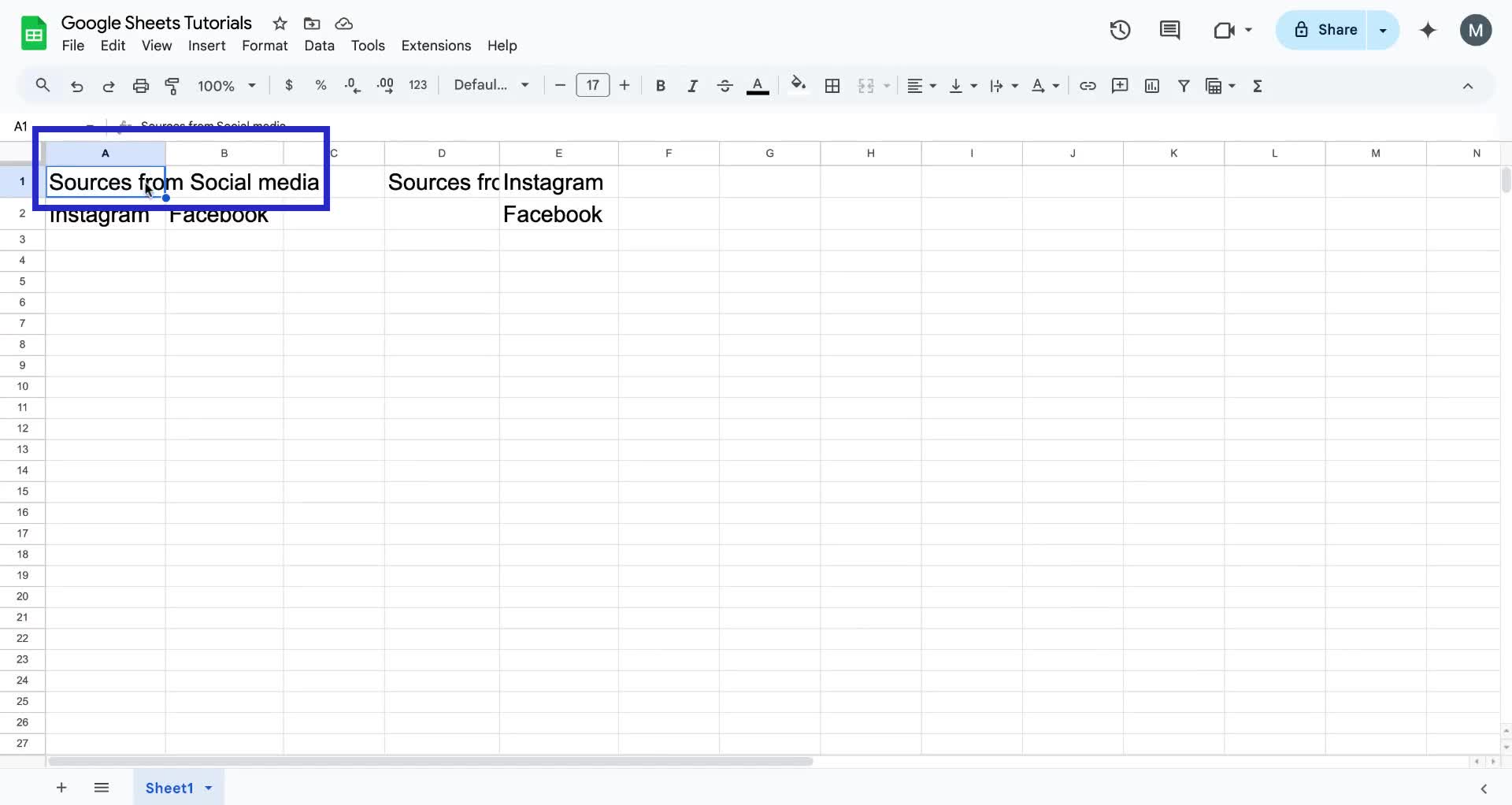 Screenshot of how to merge cells in Google Sheets step 1