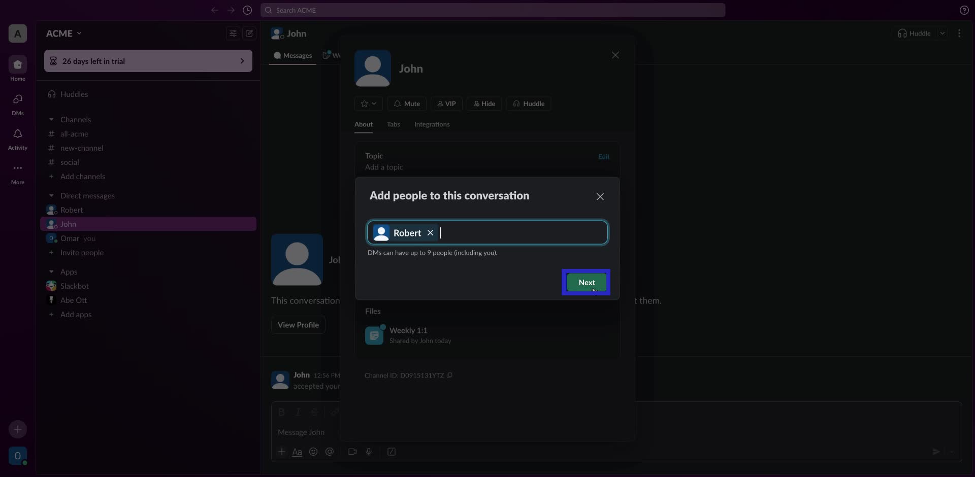 Screenshot of how to add someone to a slack conversation step 5