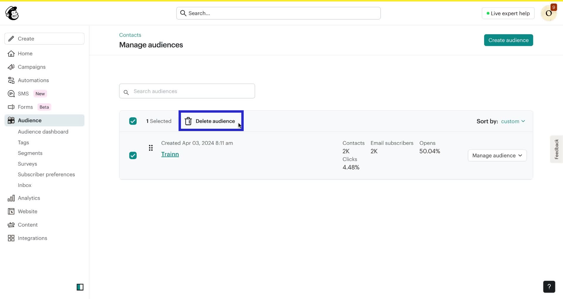 Screenshot of how delete an audience in Mailchimp step 5