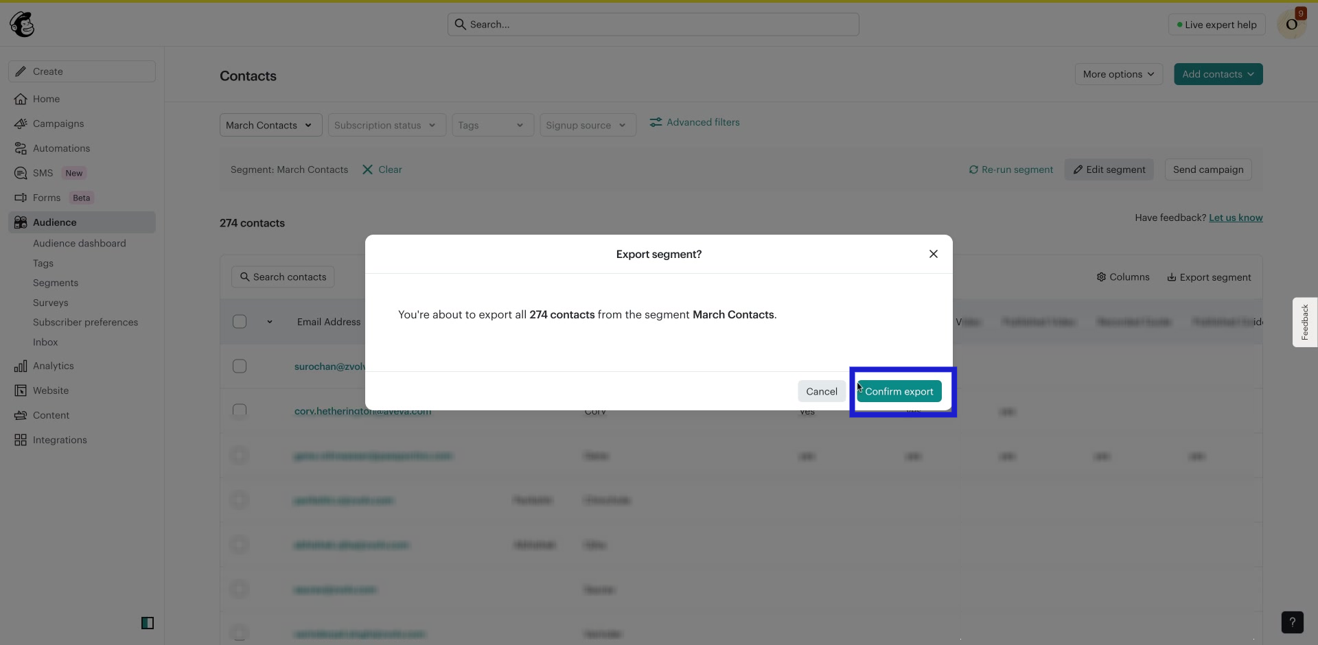 Screenshot of how to export contacts from Mailchimp step 1