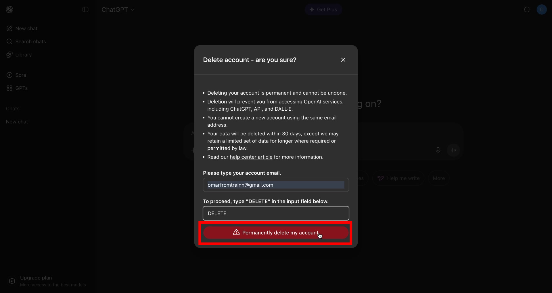 Screenshot of how to delete ChatGPT account step 6