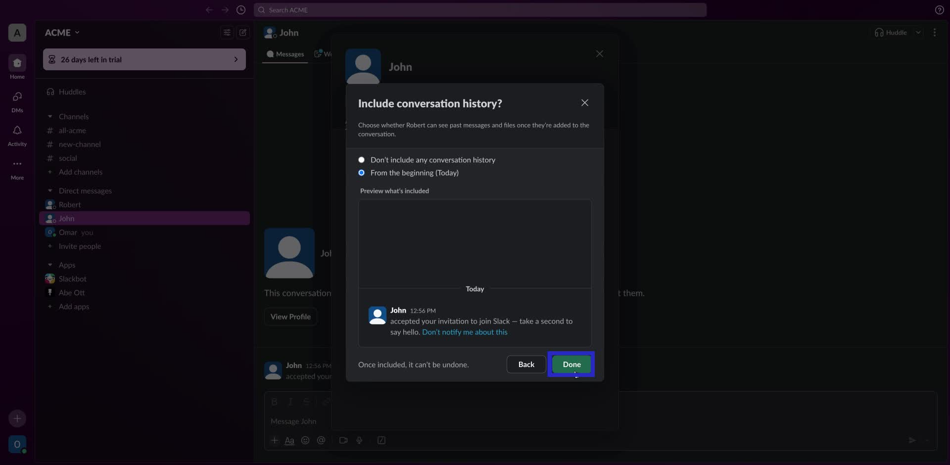 Screenshot of how to add someone to a slack conversation step 7