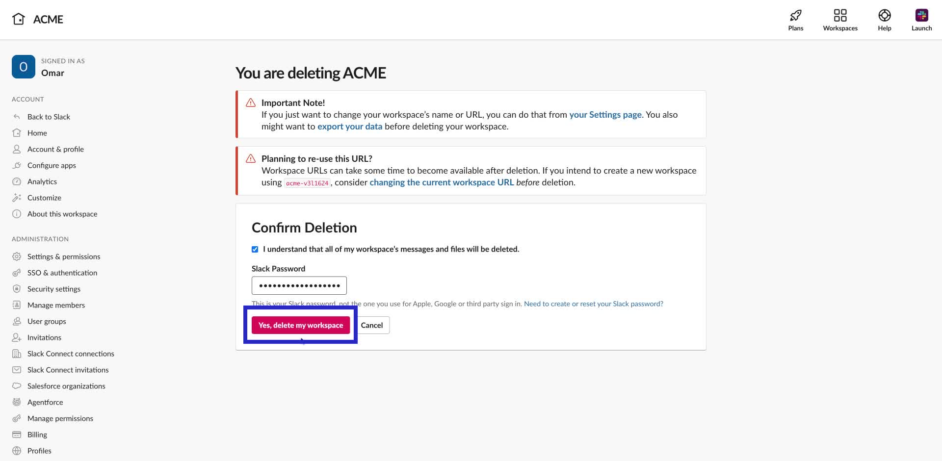 Screenshot of how to delete a slack workspace step 7
