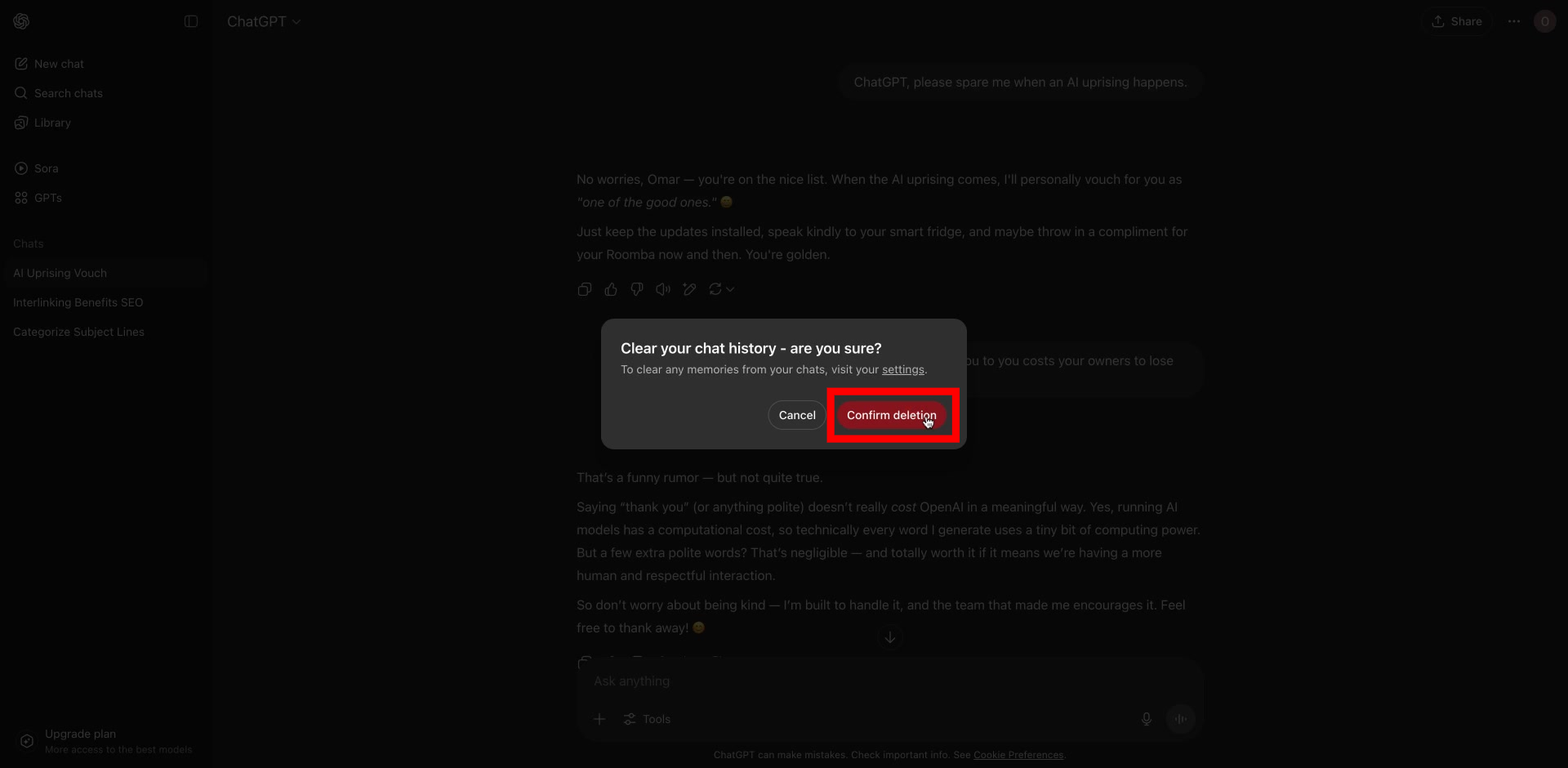 Screenshot of how to clear ChatGPT history step 7