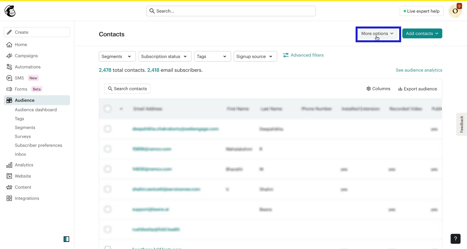 Screenshot of how delete an audience in Mailchimp step 1