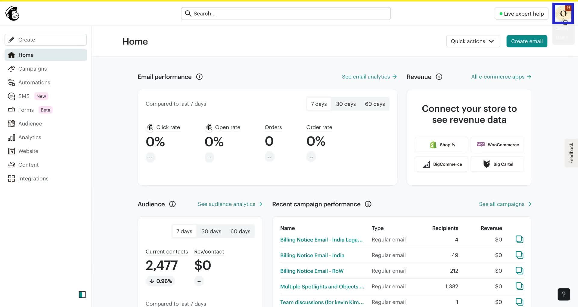 Screenshot of how to delete Mailchimp account step 1