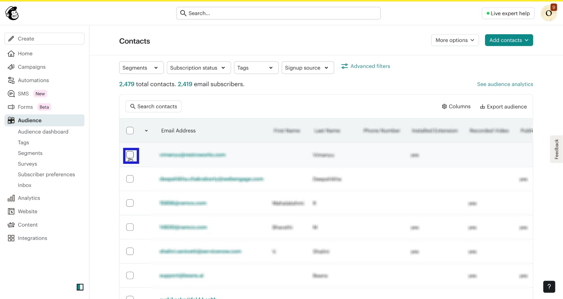 Screenshot of how to delete contacts in Mailchimp step 1