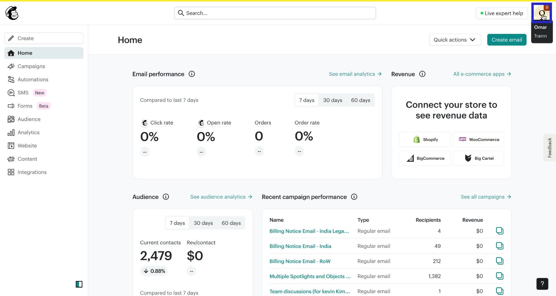 Screenshot of how to get Mailchimp API key step 1
