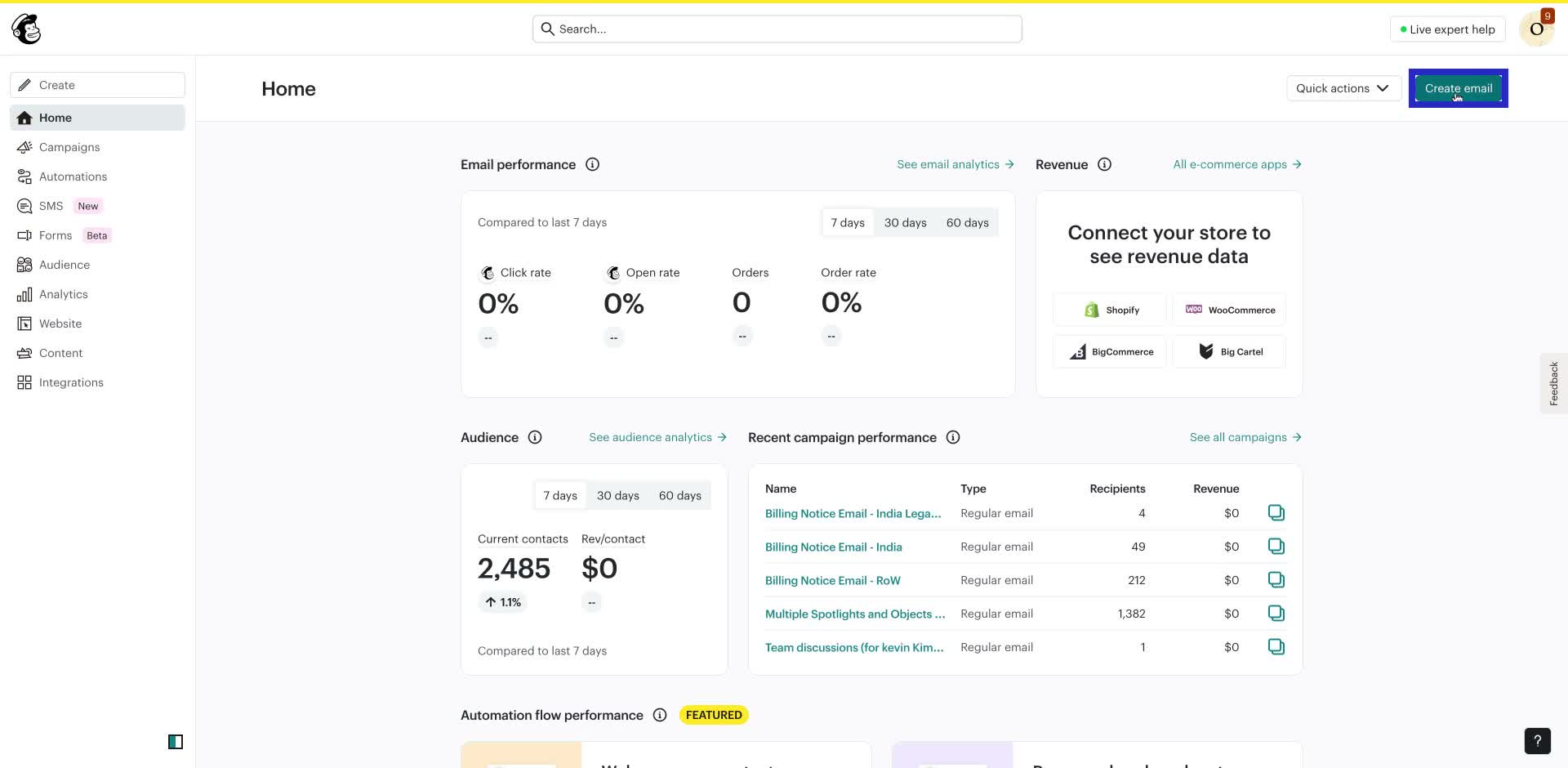 Screenshot of how to create a newsletter in Mailchimp step 1