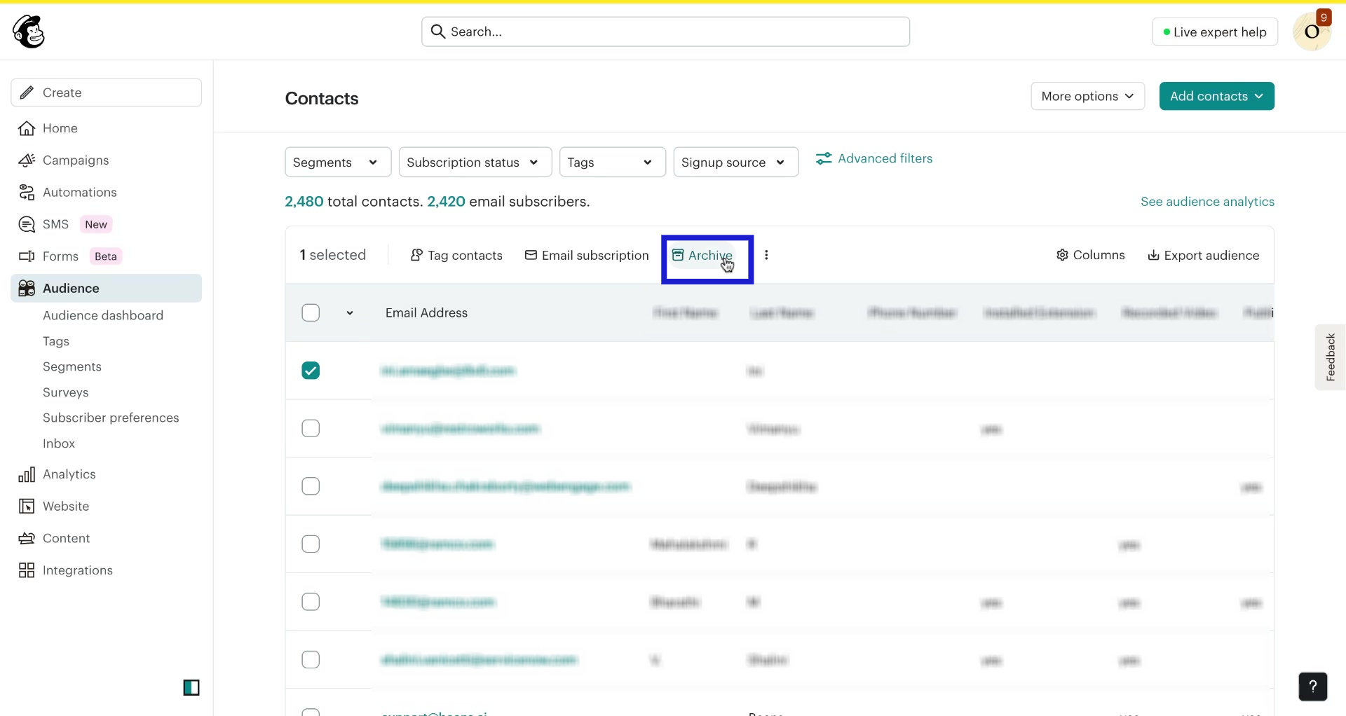 Screenshot of how to archive contacts in Mailchimp step 3