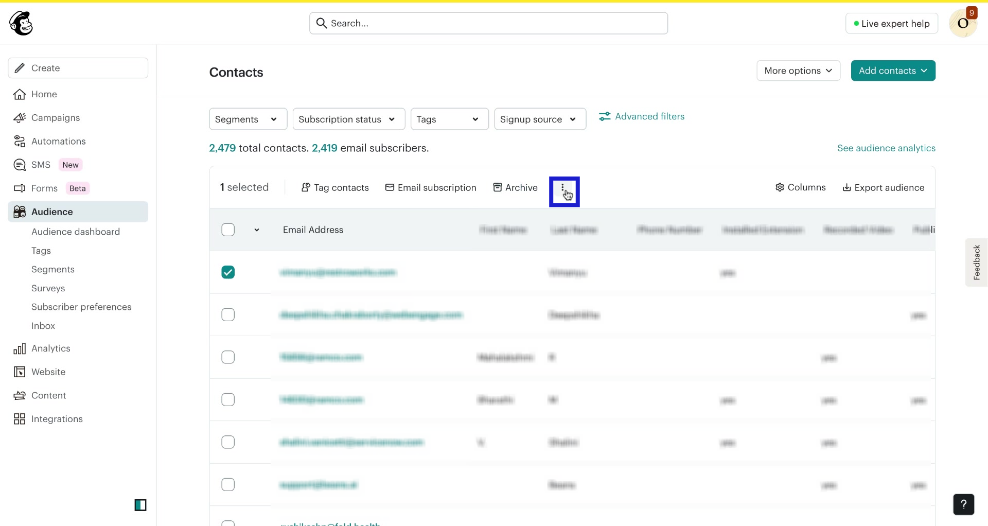 Screenshot of how to delete contacts in Mailchimp step 2