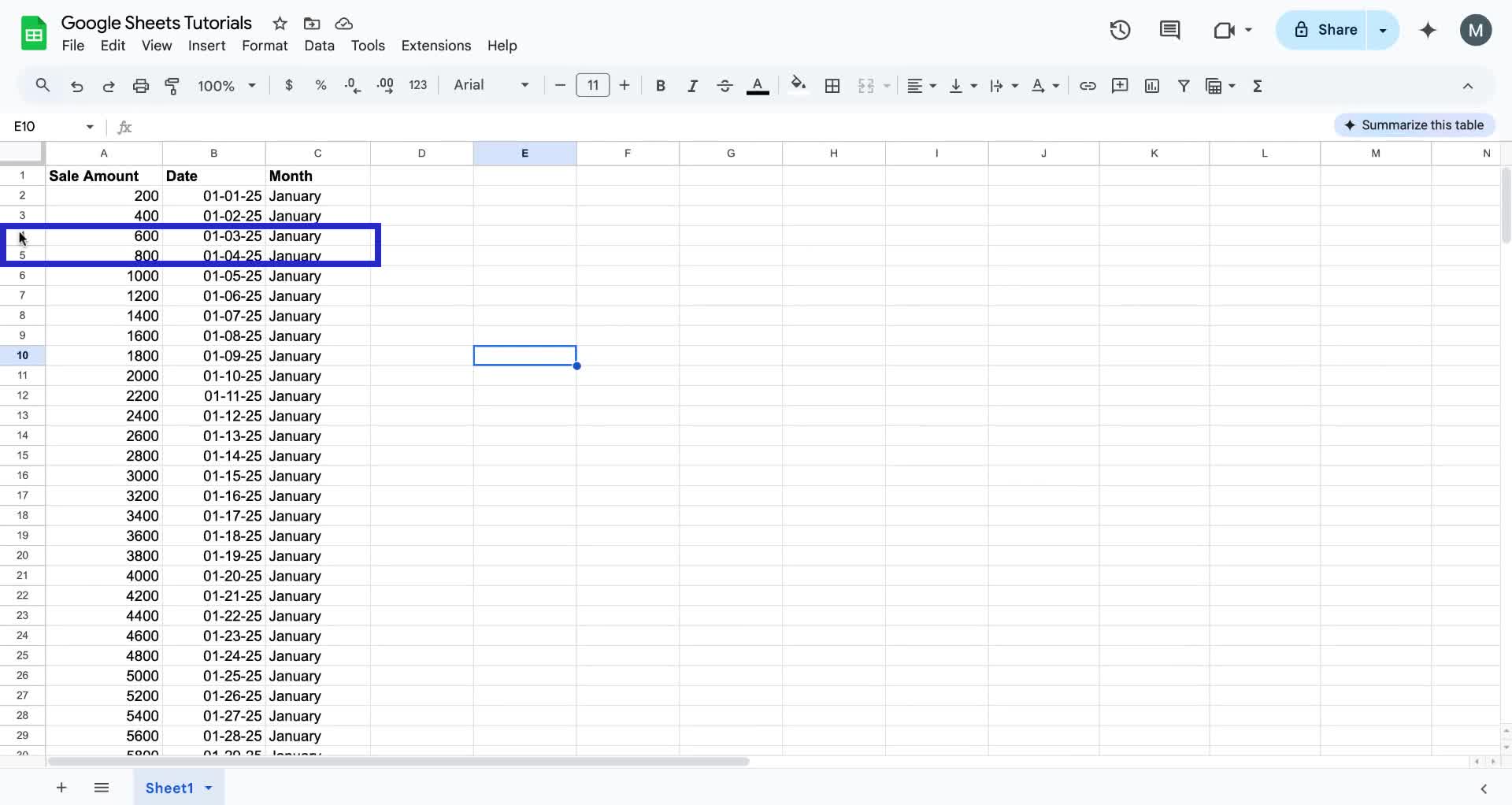 Screenshot of how to hide rows in Google Sheets step 1