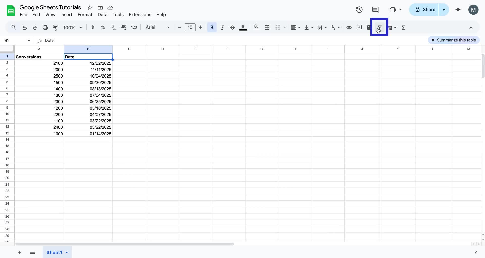 Screenshot of how to sort by date in Google Sheets step 1